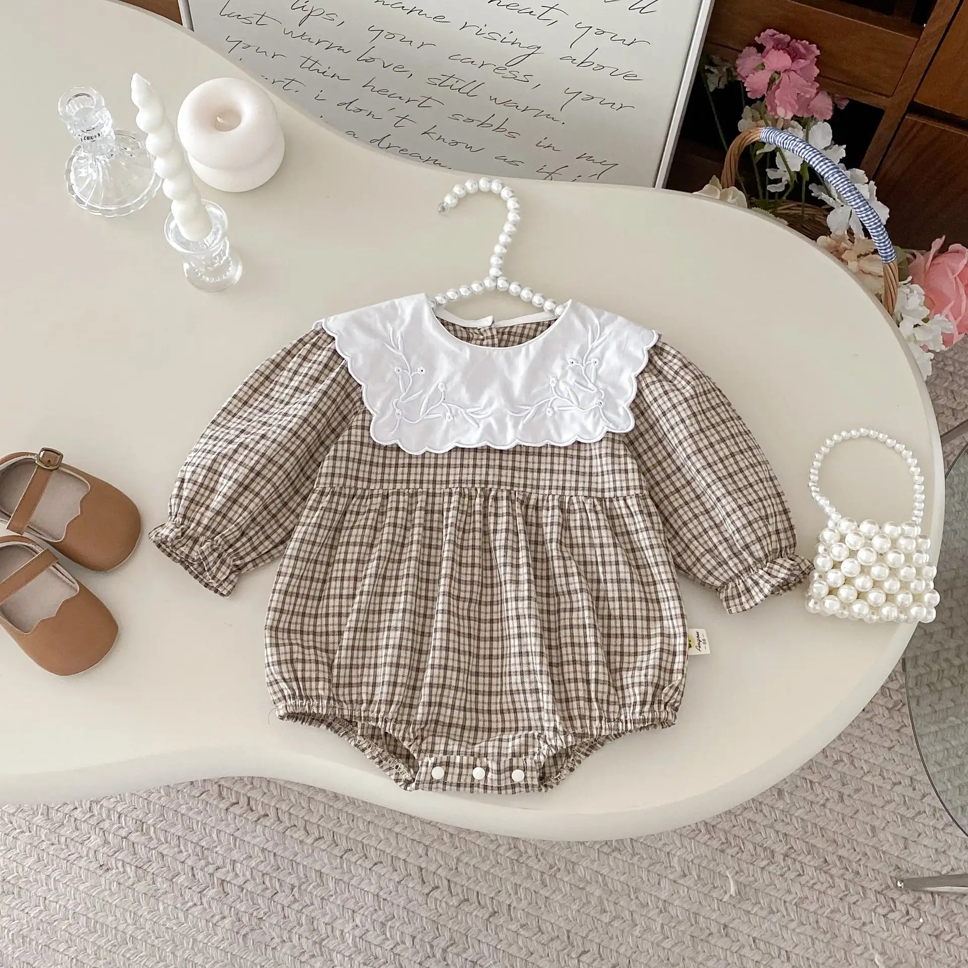 【66-130cm】姉妹服カーキチェックロンパース/ワンピース