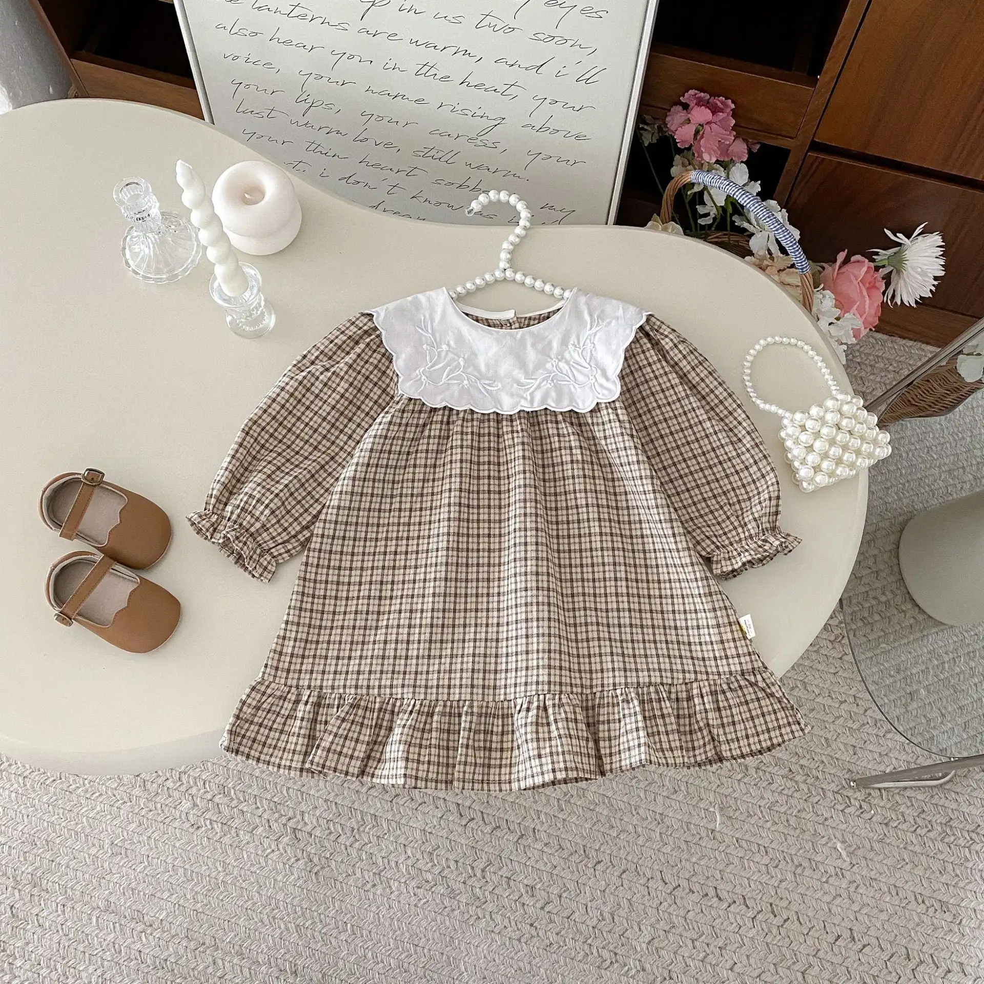 【66-130cm】姉妹服カーキチェックロンパース/ワンピース