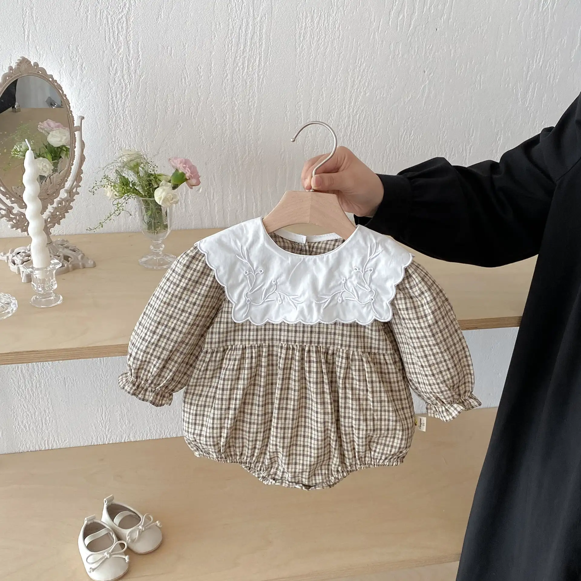 【66-130cm】姉妹服カーキチェックロンパース/ワンピース