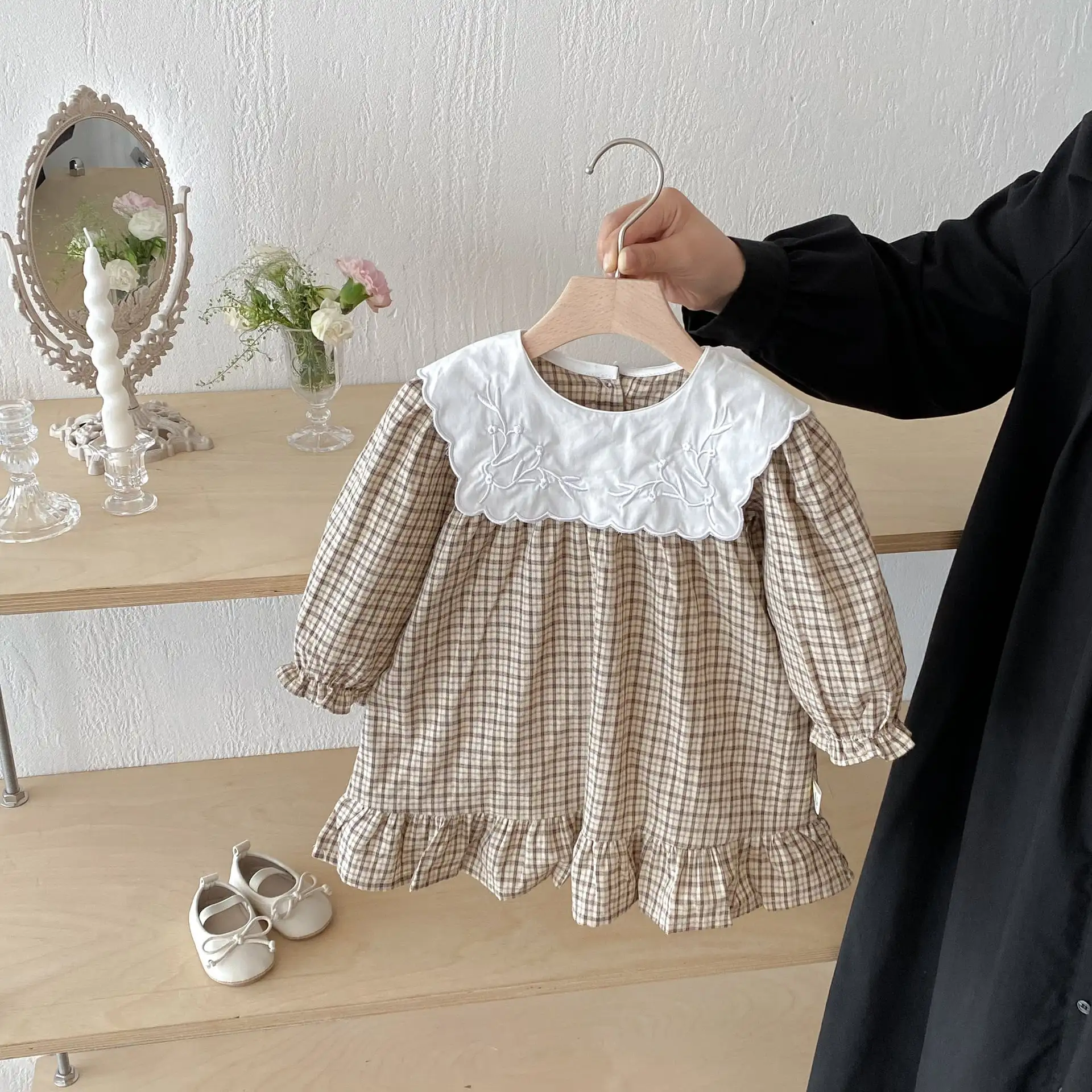 【66-130cm】姉妹服カーキチェックロンパース/ワンピース