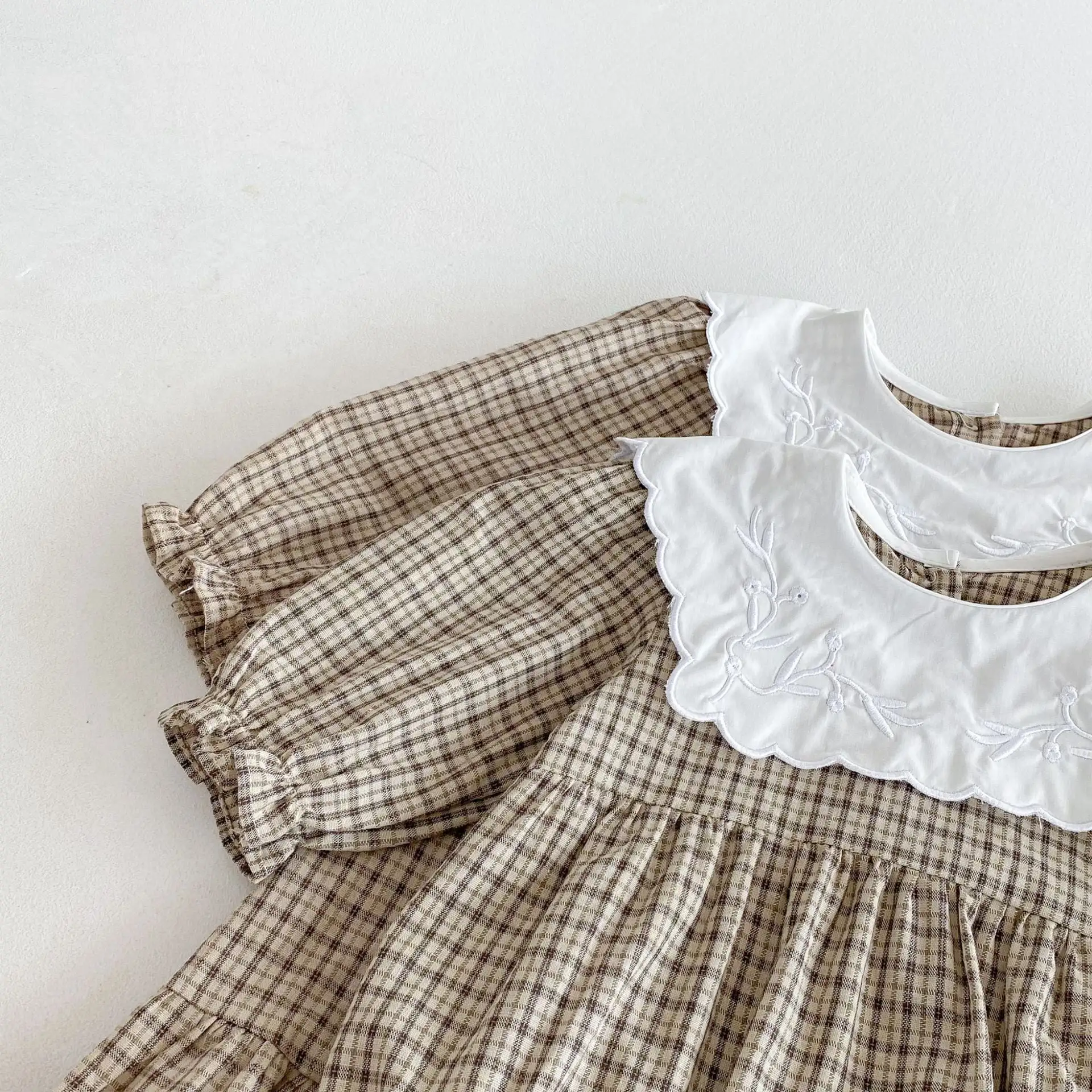 【66-130cm】姉妹服カーキチェックロンパース/ワンピース