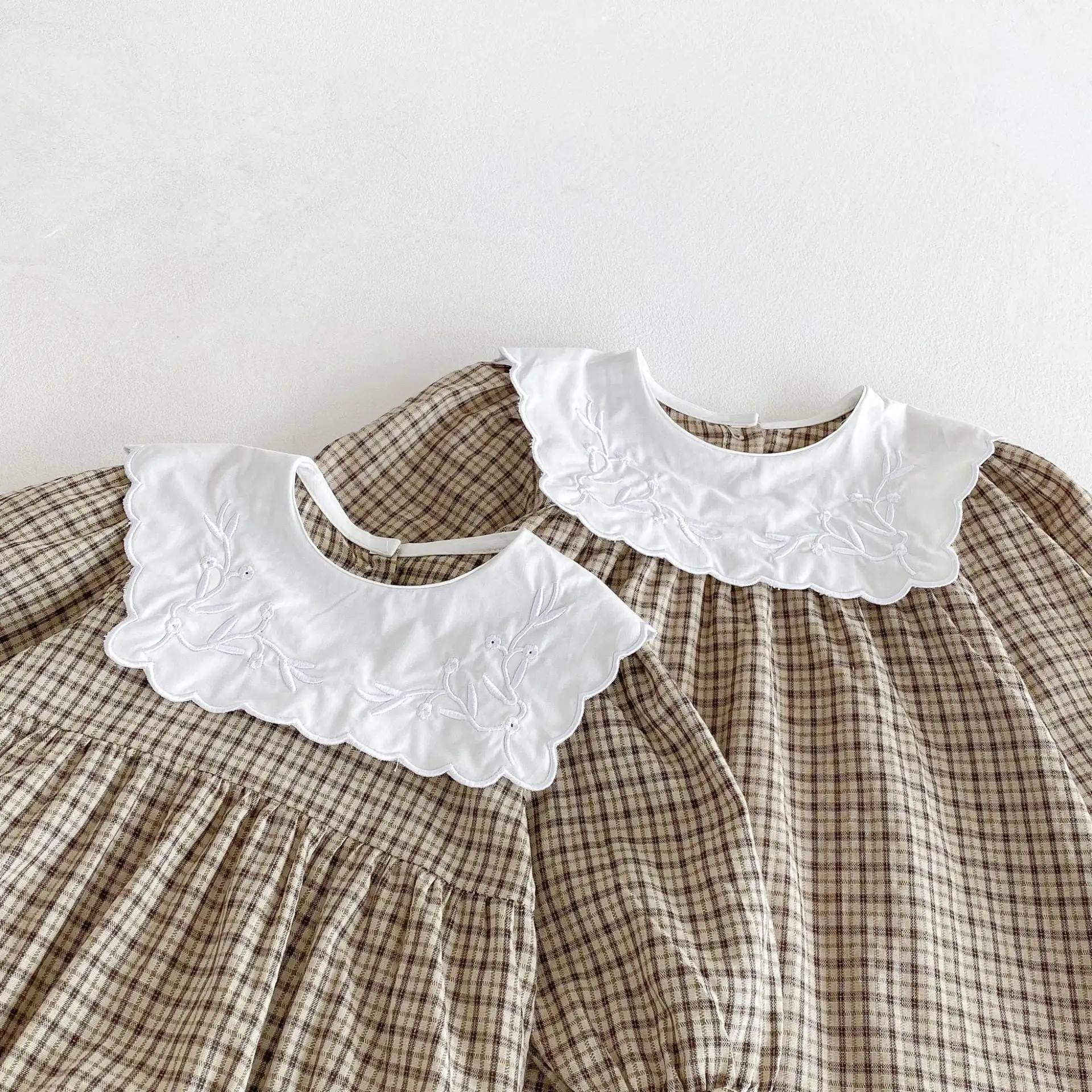 【66-130cm】姉妹服カーキチェックロンパース/ワンピース