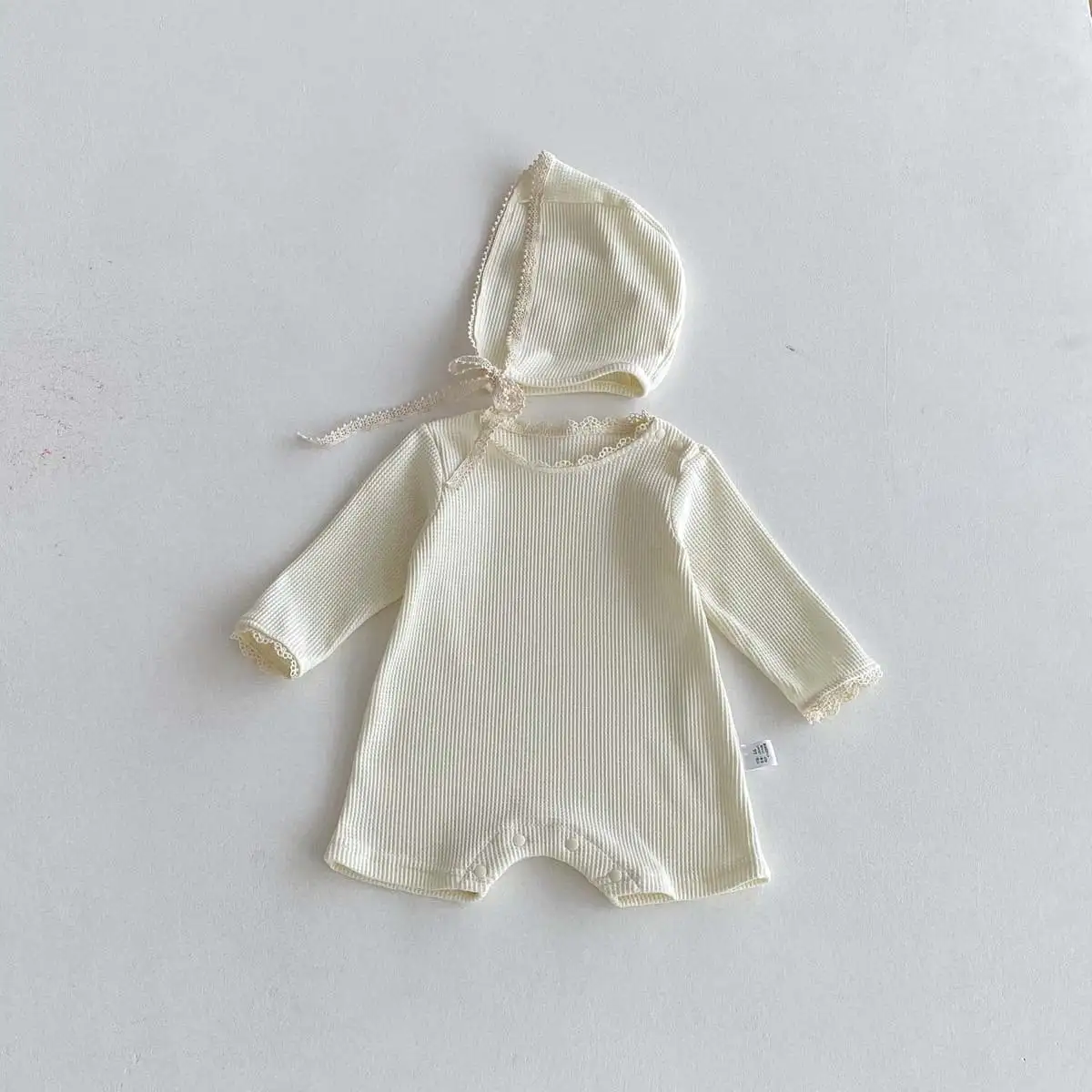 【66-90cm】2025新作 ワッフル無地ロンパース＆帽子