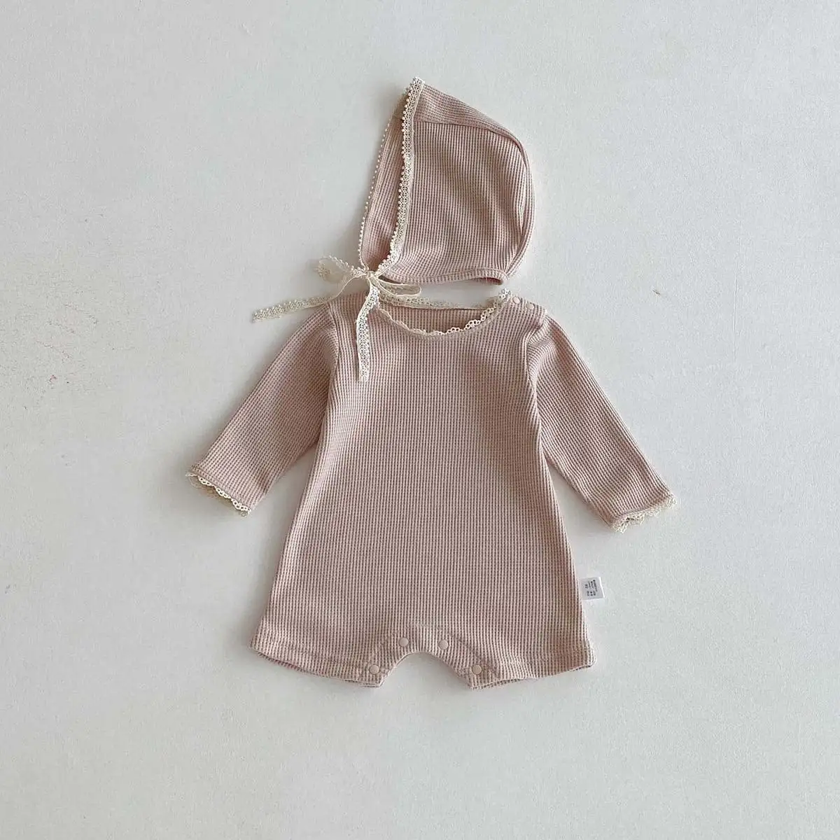 【66-90cm】2025新作 ワッフル無地ロンパース＆帽子