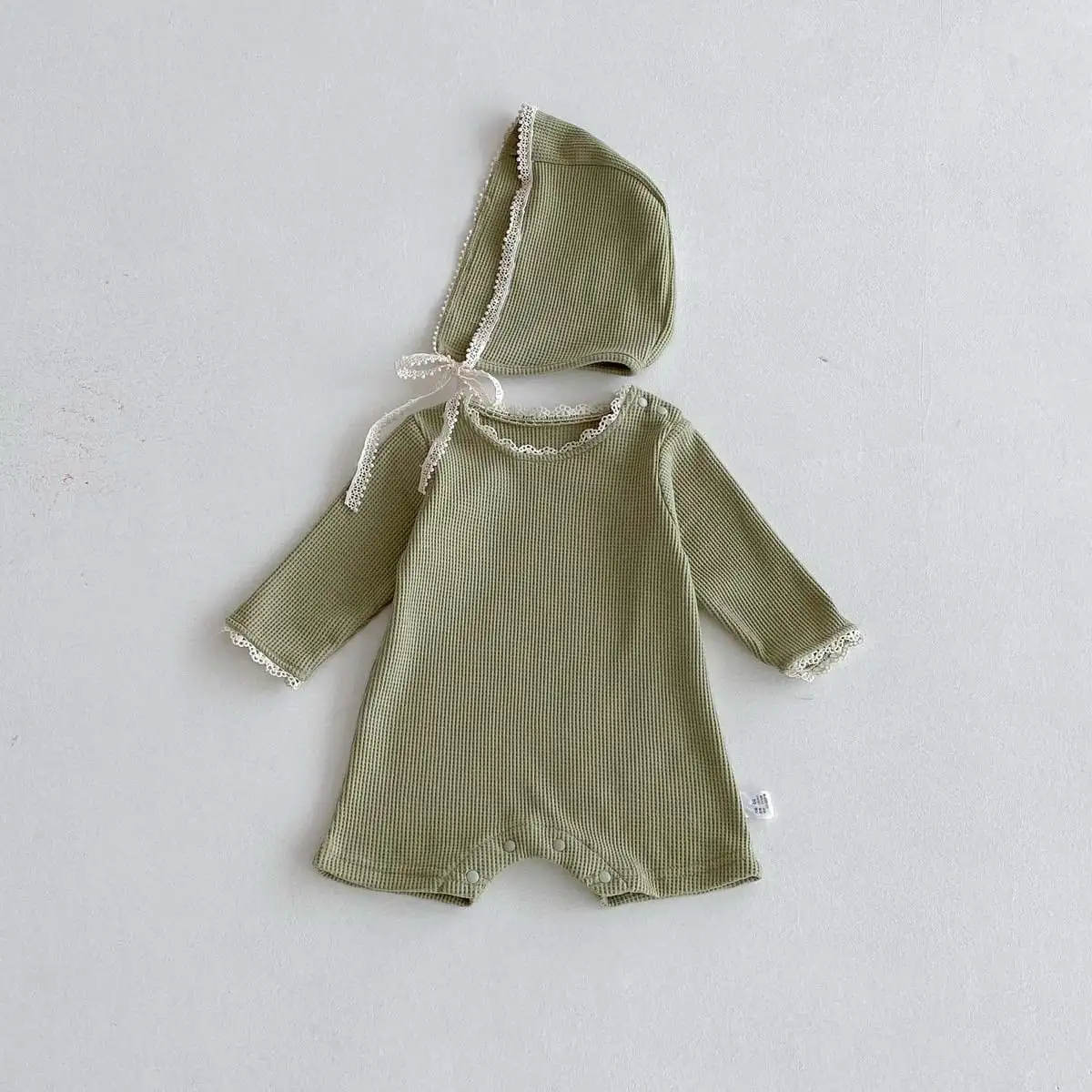 【66-90cm】2025新作 ワッフル無地ロンパース＆帽子