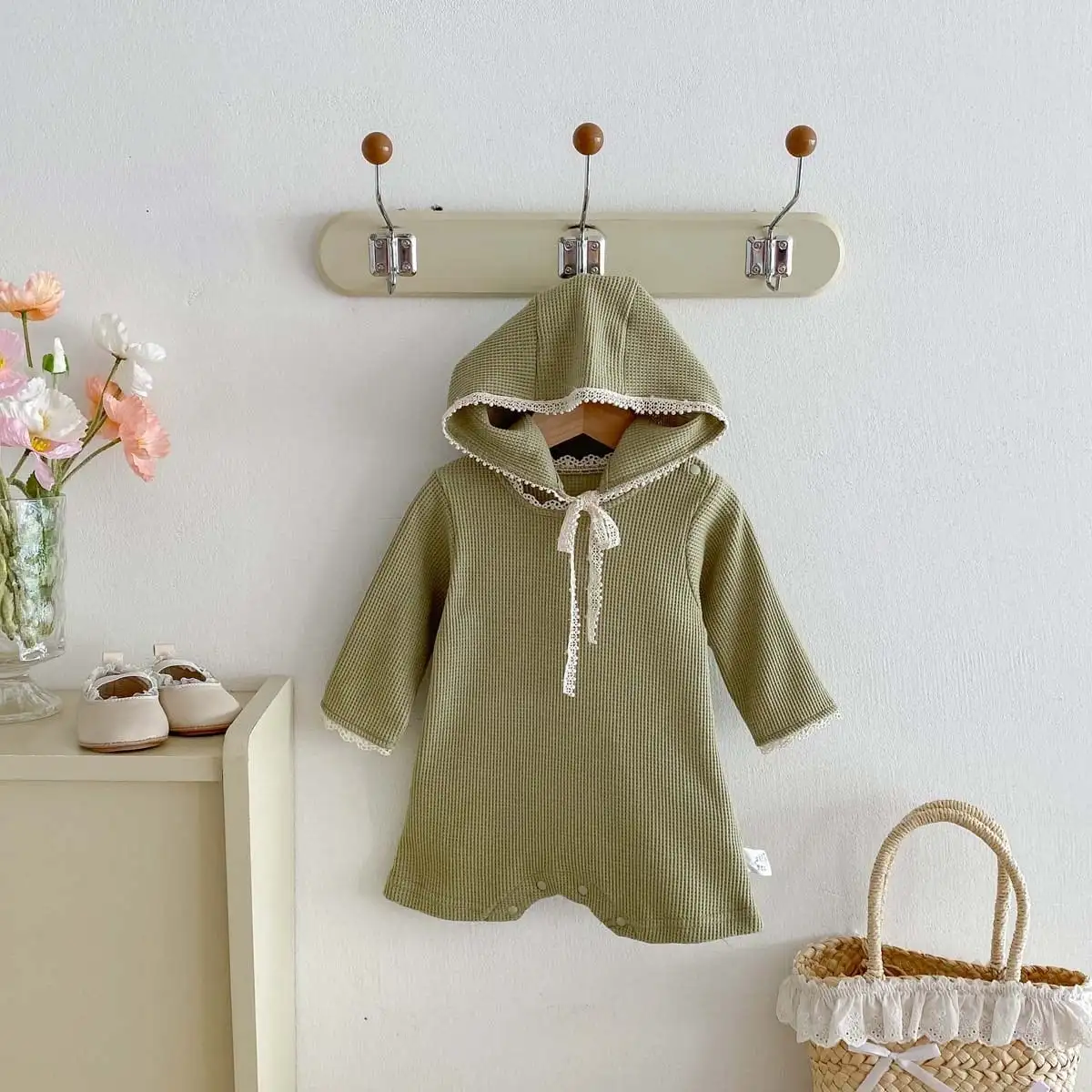 【66-90cm】2025新作 ワッフル無地ロンパース＆帽子