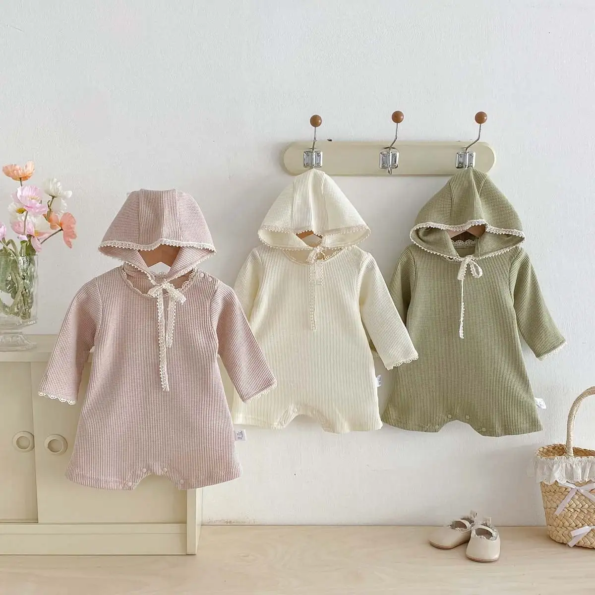 【66-90cm】2025新作 ワッフル無地ロンパース＆帽子