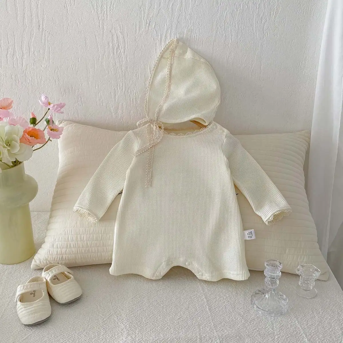 【66-90cm】2025新作 ワッフル無地ロンパース＆帽子