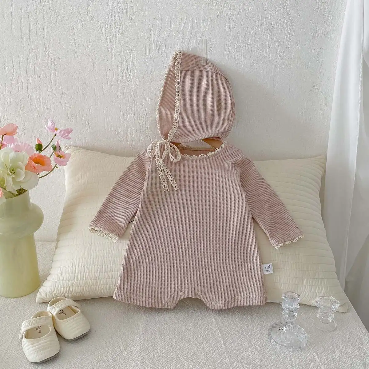 【66-90cm】2025新作 ワッフル無地ロンパース＆帽子