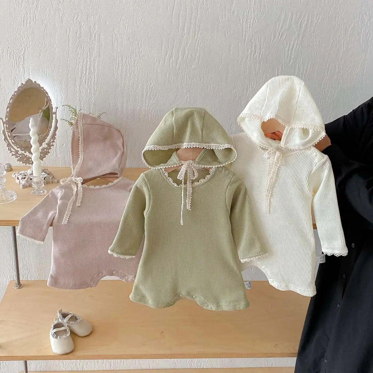 【66-90cm】2025新作 ワッフル無地ロンパース＆帽子