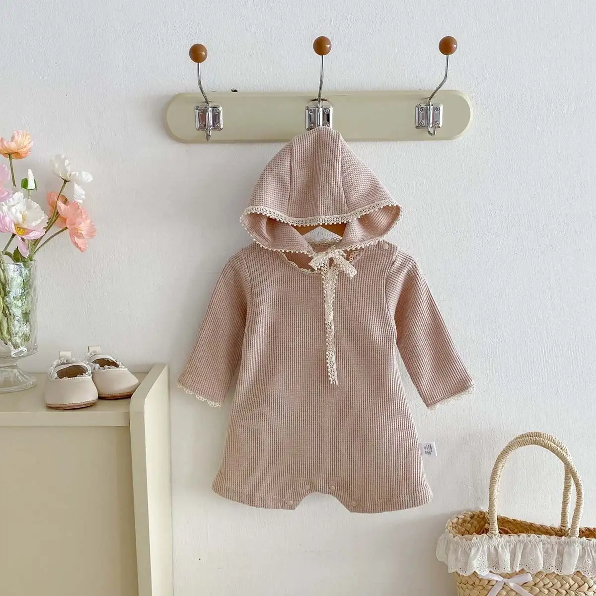 【66-90cm】2025新作 ワッフル無地ロンパース＆帽子