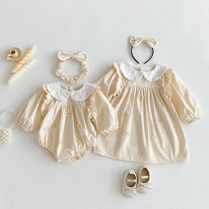 【66-130cm】姉妹服フラワー付きロンパース、ワンピース