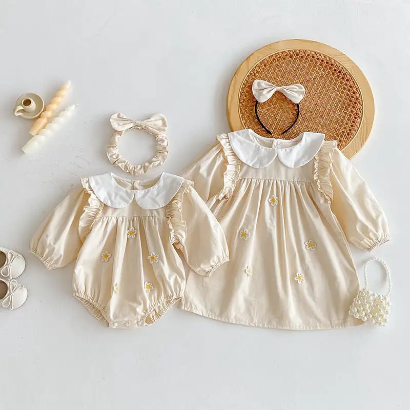【66-130cm】姉妹服フラワー付きロンパース、ワンピース