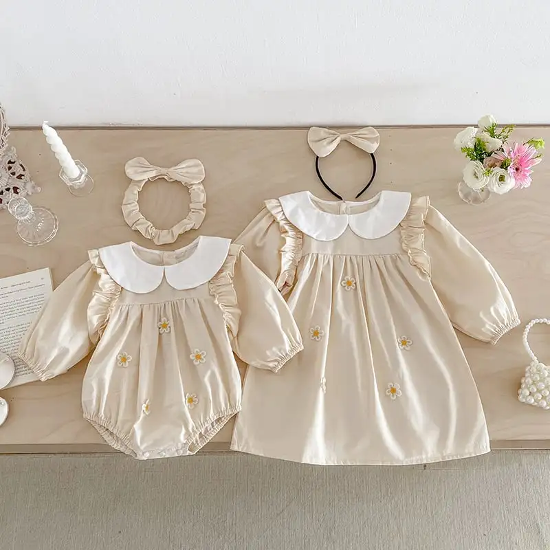 【66-130cm】姉妹服フラワー付きロンパース、ワンピース