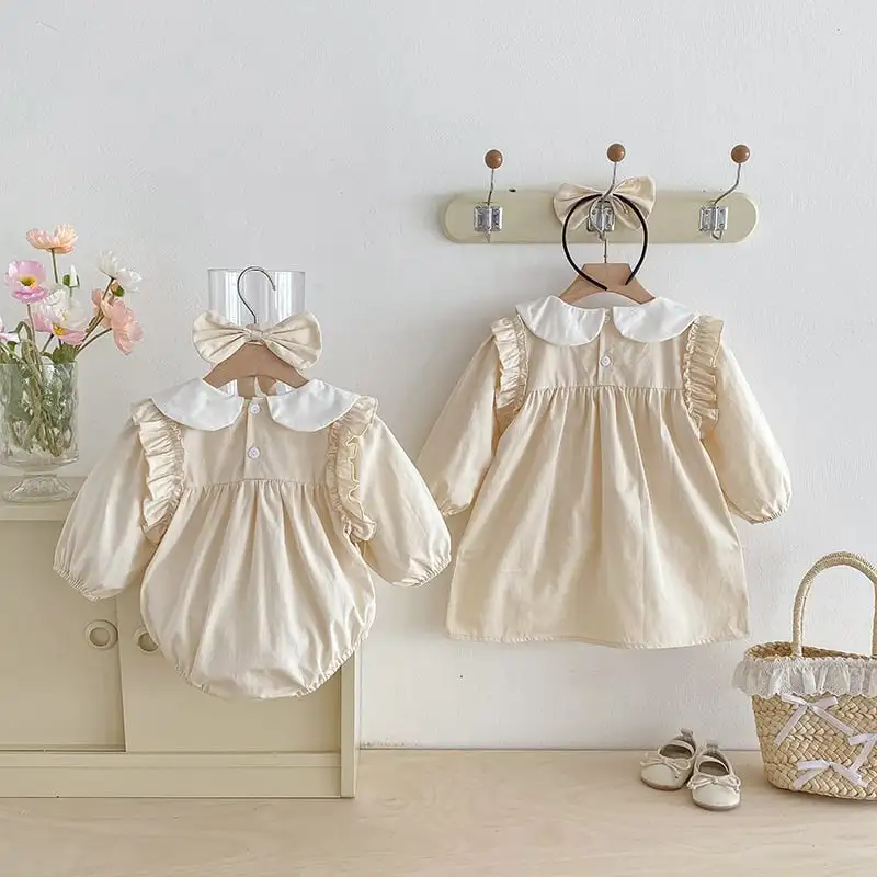 【66-130cm】姉妹服フラワー付きロンパース、ワンピース