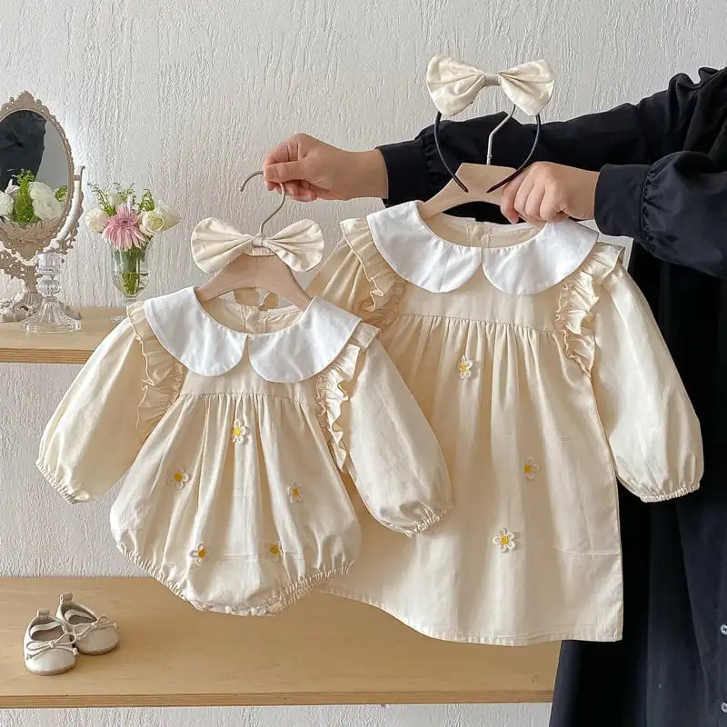 【66-130cm】姉妹服フラワー付きロンパース、ワンピース