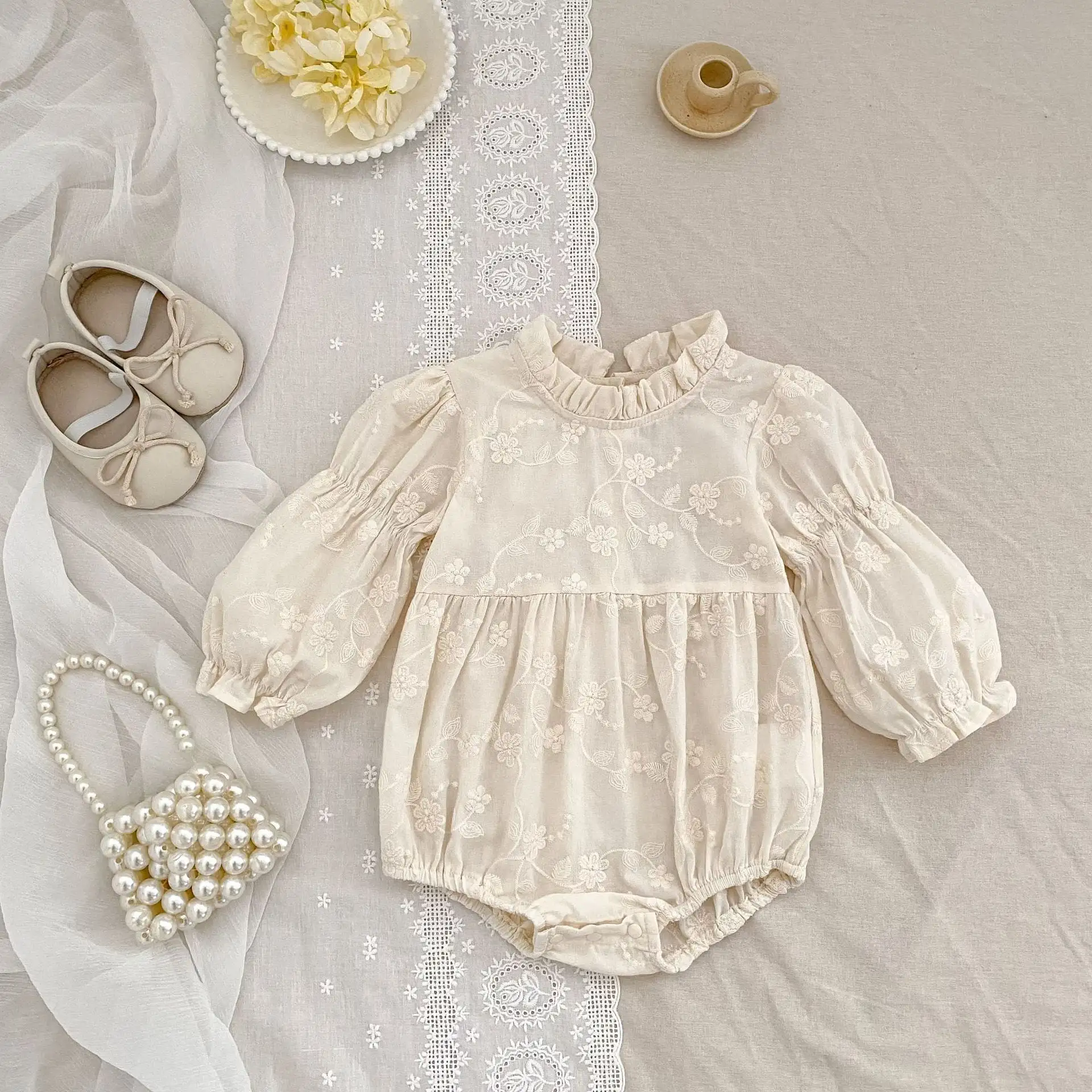 【66-130cm】姉妹服フラワー刺繡プリンセスロンパース/ワンピース