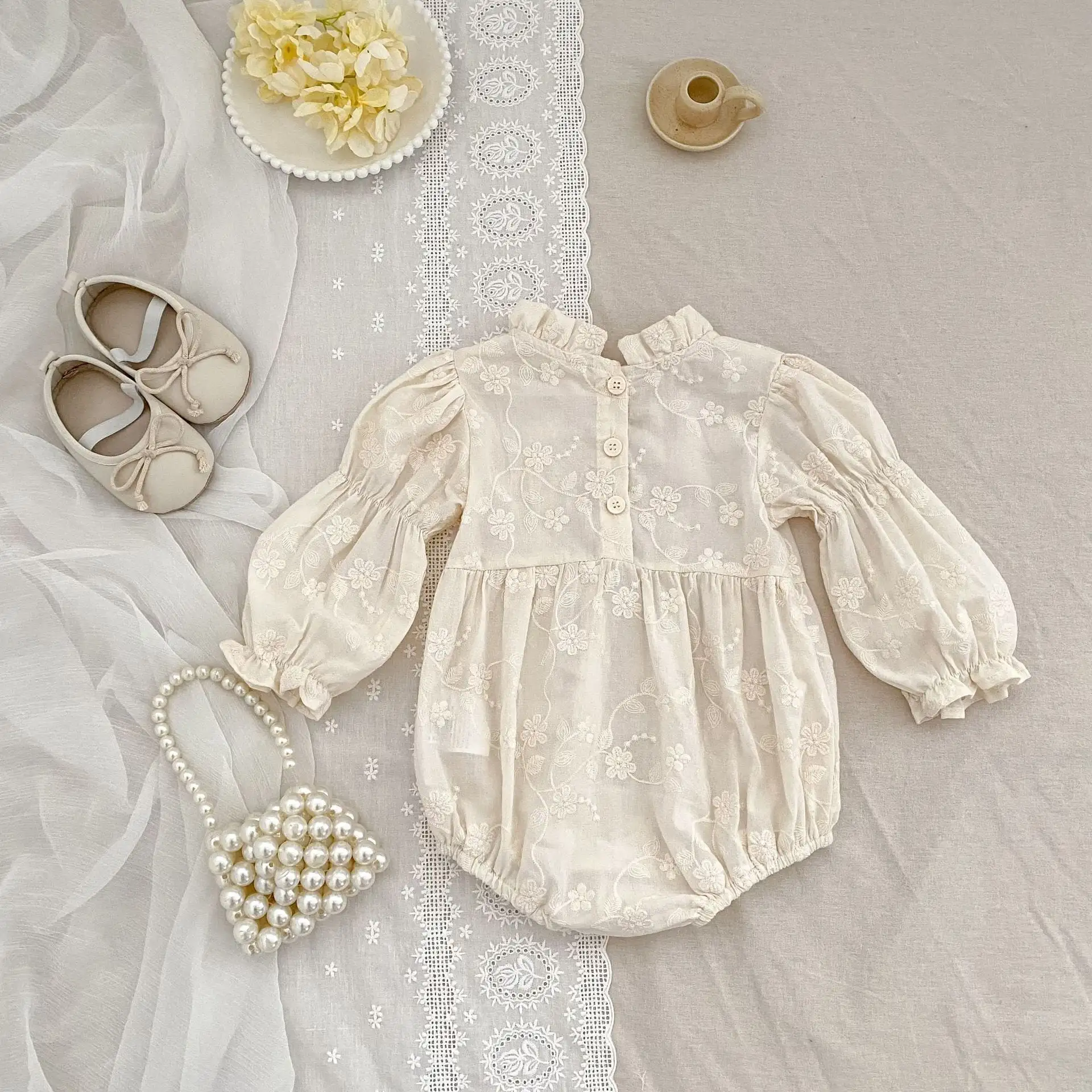 【66-130cm】姉妹服フラワー刺繡プリンセスロンパース/ワンピース