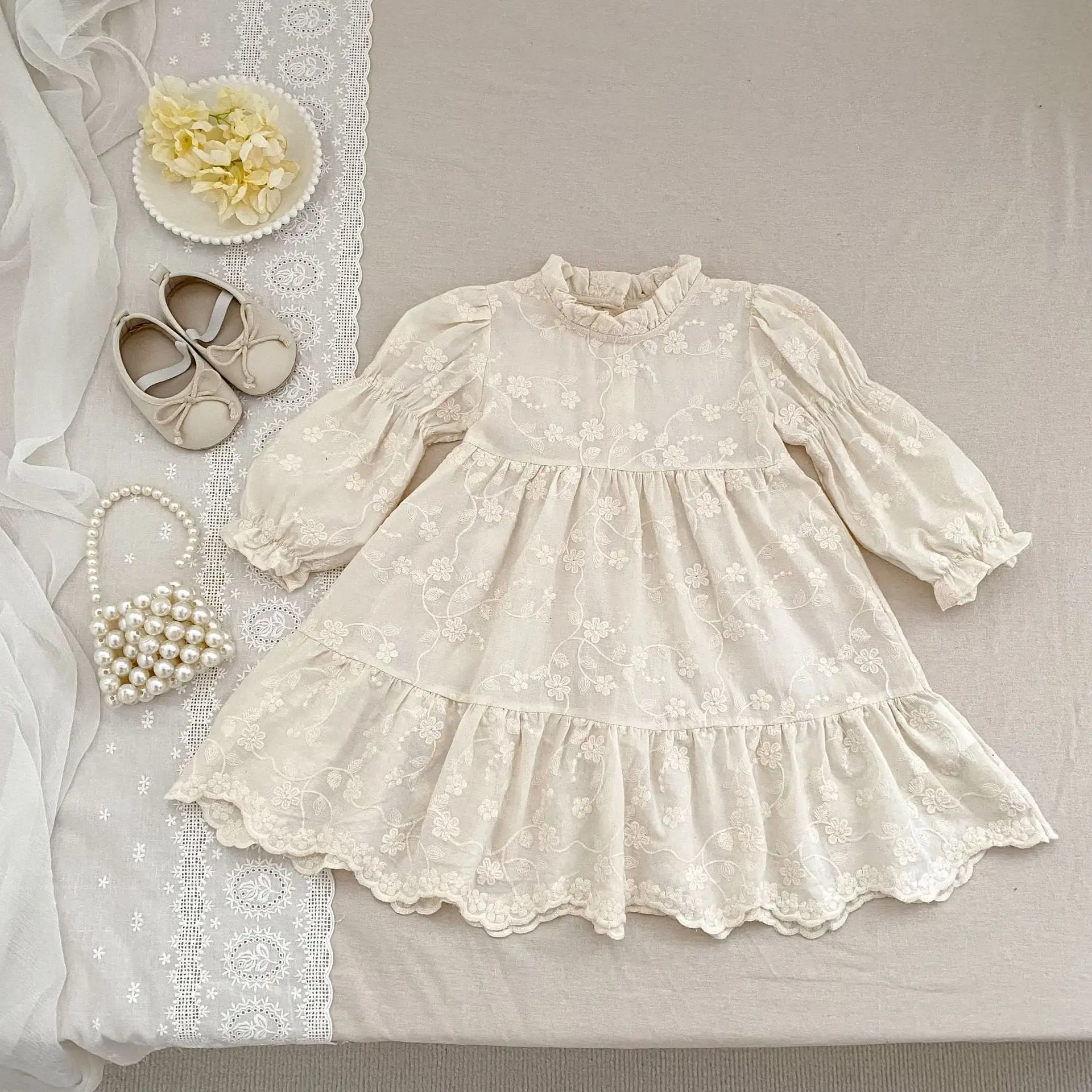 【66-130cm】姉妹服フラワー刺繡プリンセスロンパース/ワンピース