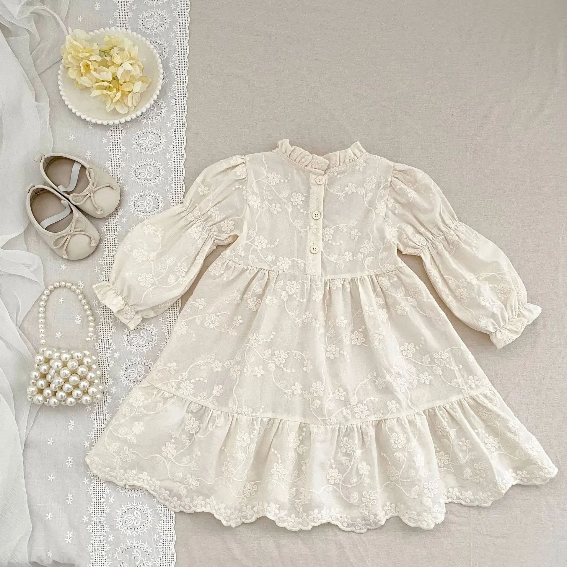 【66-130cm】姉妹服フラワー刺繡プリンセスロンパース/ワンピース