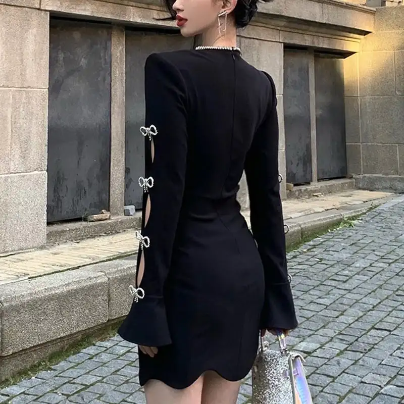 ワンピース セクシー 長袖 蝶結び ラインストーン ブラック