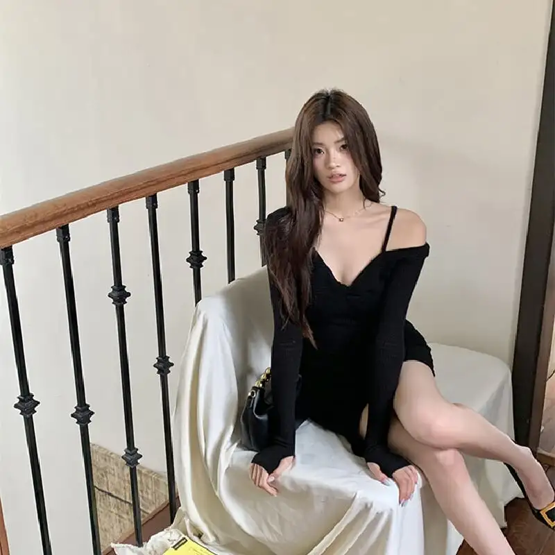 ワンピース セクシー オフショルダー 不規則 ブラック