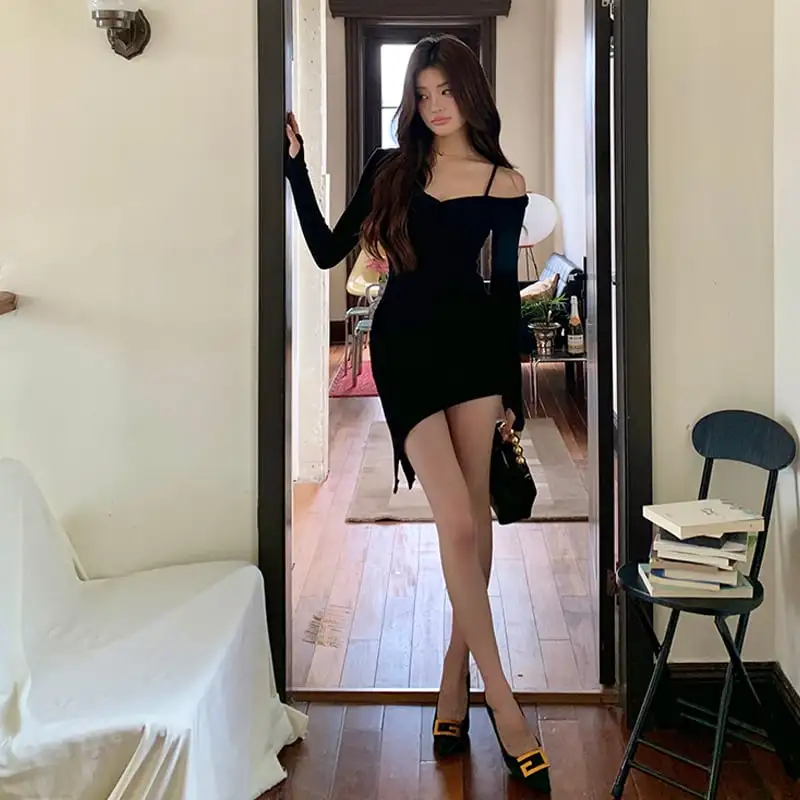 ワンピース セクシー オフショルダー 不規則 ブラック