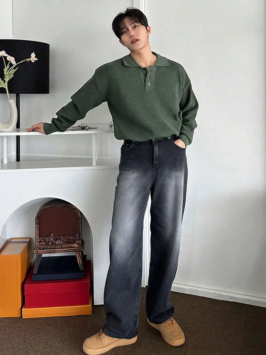 メンズ ポロネック ドロップショルダー セーター