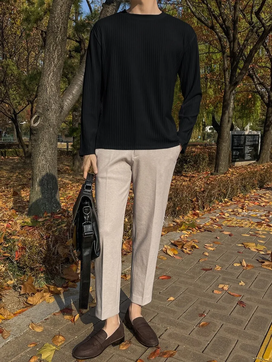 メンズ ソリッド リブニット Tシャツ 長袖 シャツ