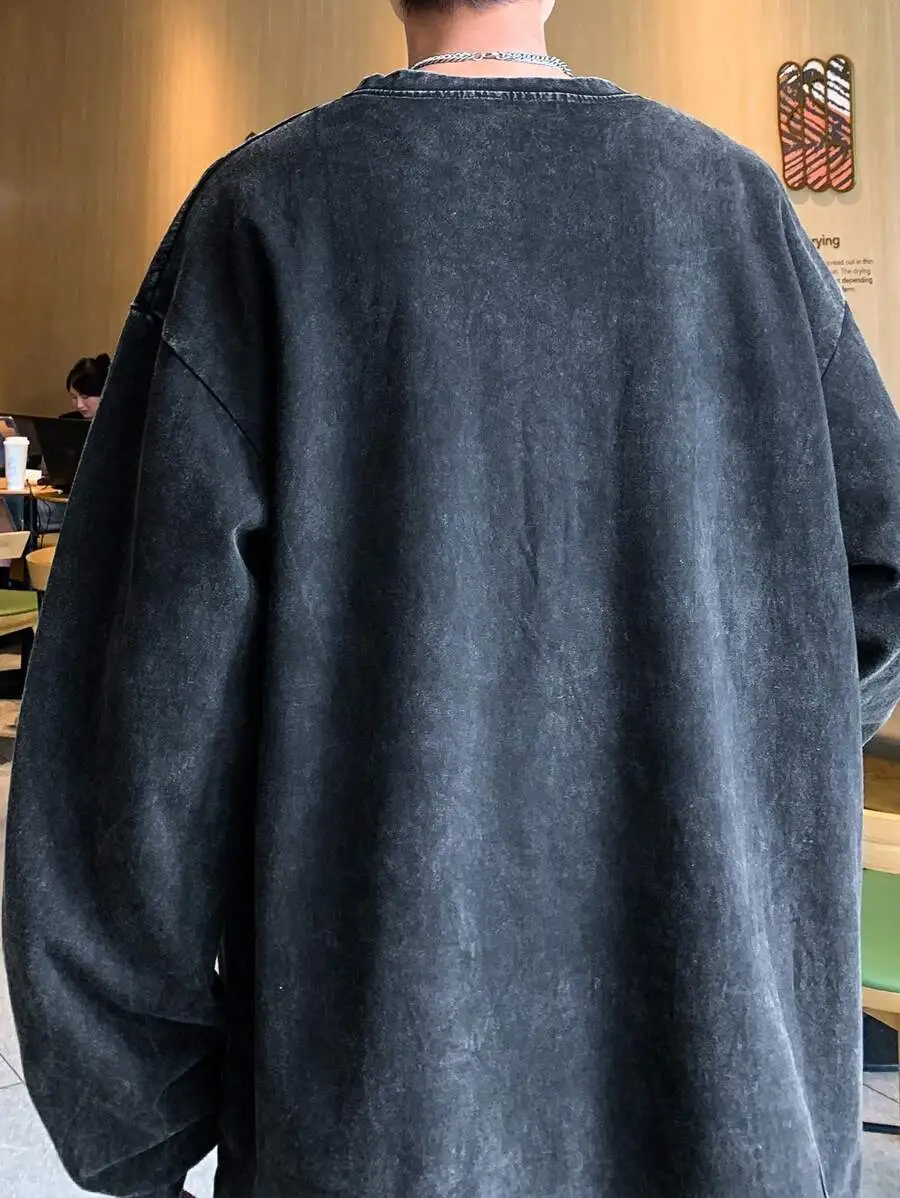メンズ ビンテージウォッシュ ルーズフィット クルーネック ロングスリーブパーカー