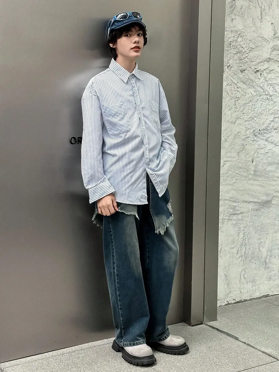 ストライプ柄 ドロップショルダーシャツ メンズ 長袖シャツ