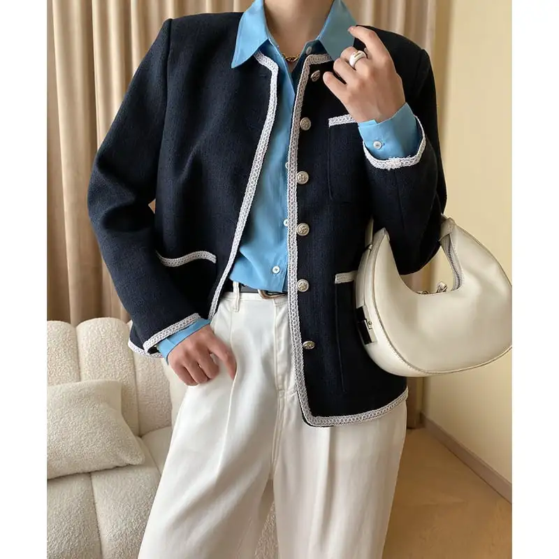 ジャケット 長袖 通勤 シングルブレスト ダークブルー アウター