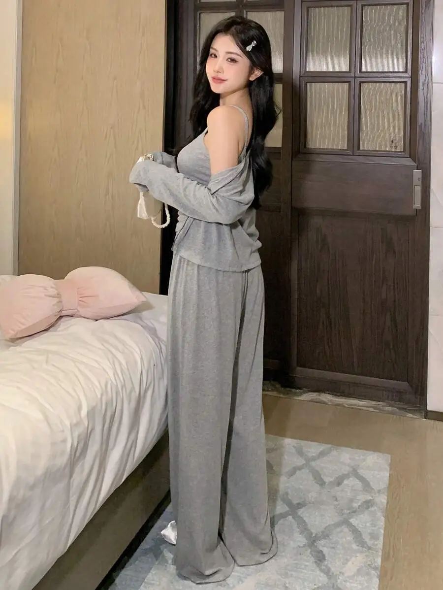 3点セット ネックライン リボントップス & ストレートレッグパジャマパンツ ルームウェア