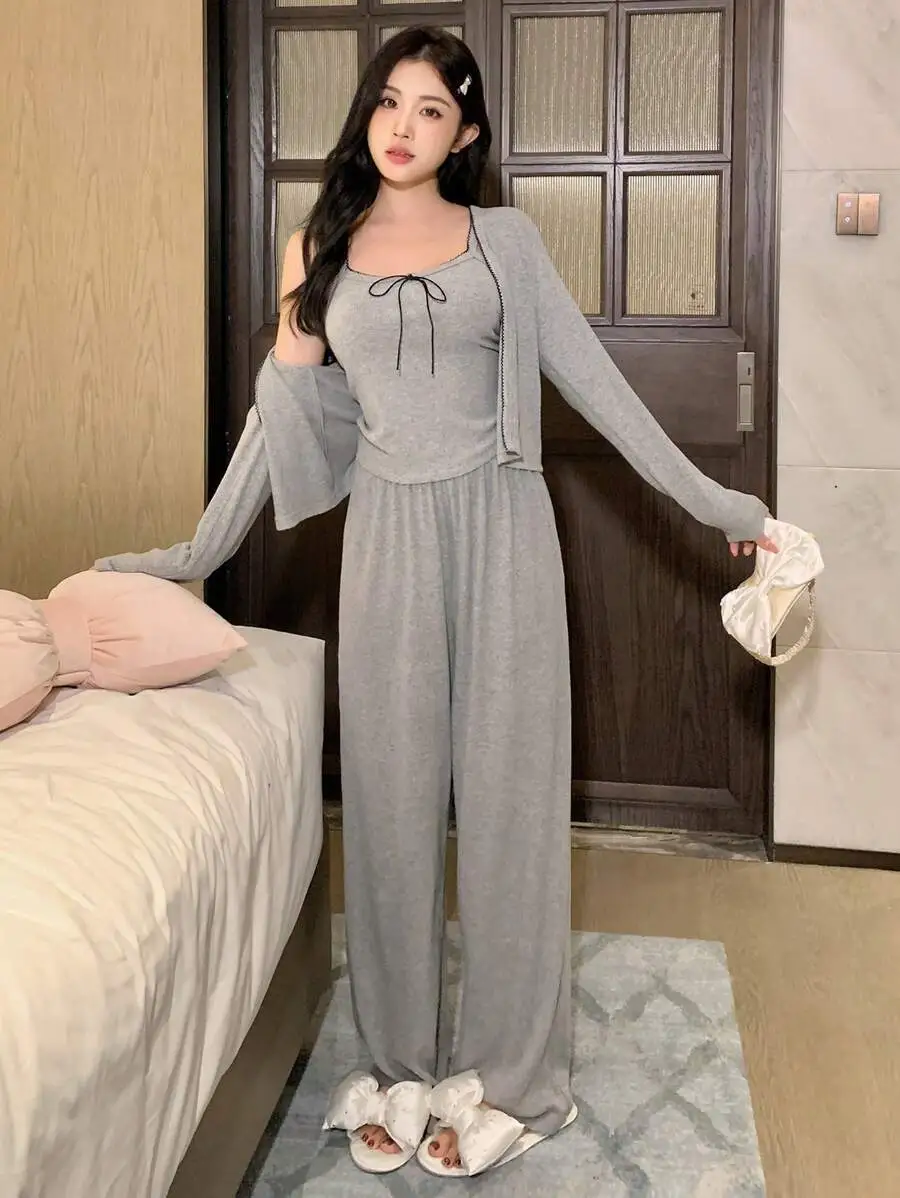 3点セット ネックライン リボントップス & ストレートレッグパジャマパンツ ルームウェア