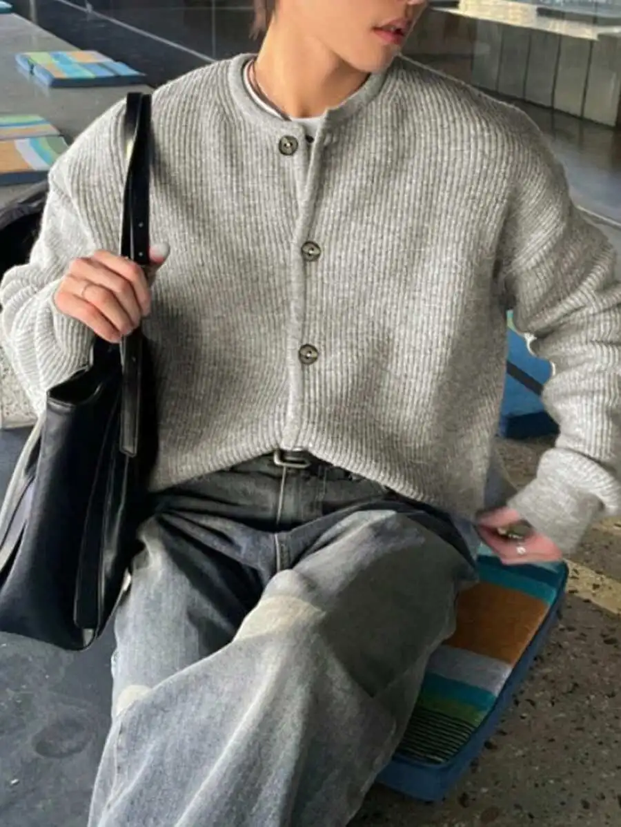 ユニセックス カジュアル ルーズ リブ ラウンドネック 長袖 カーディガン
