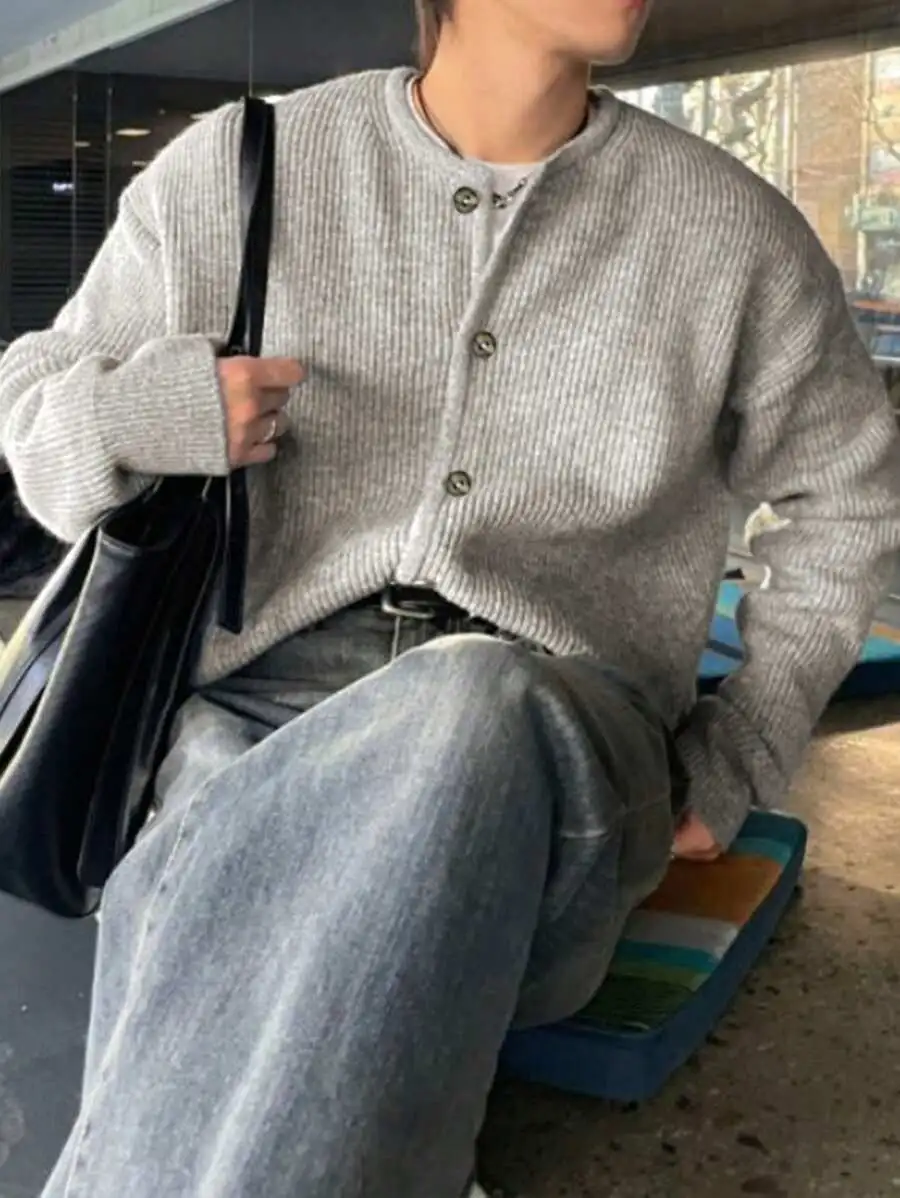 ユニセックス カジュアル ルーズ リブ ラウンドネック 長袖 カーディガン