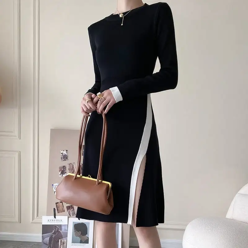 ワンピース 袖丈2タイプ ニット スリット 配色