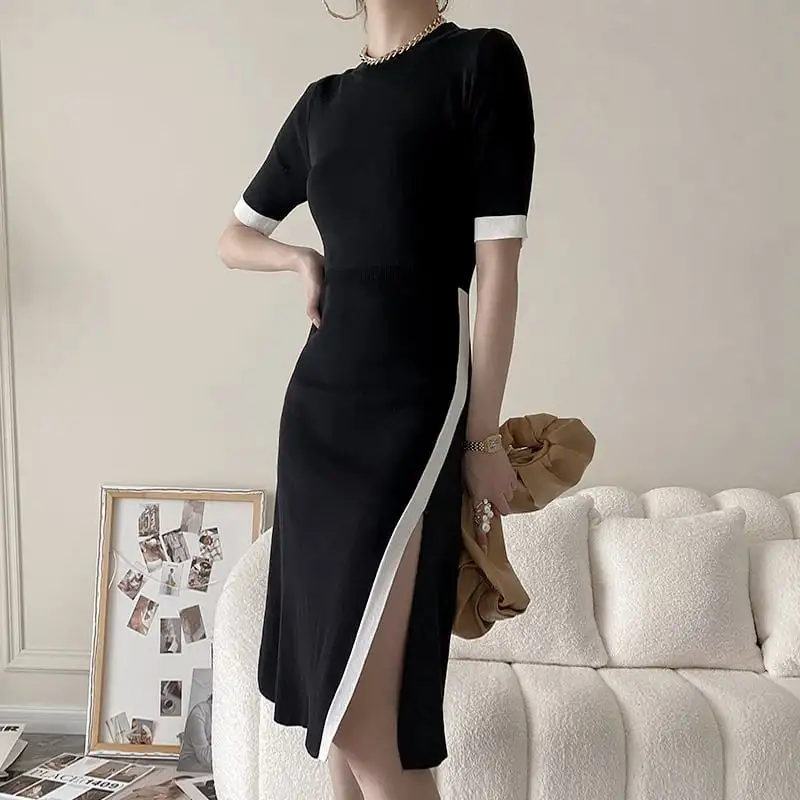 ワンピース 袖丈2タイプ ニット スリット 配色
