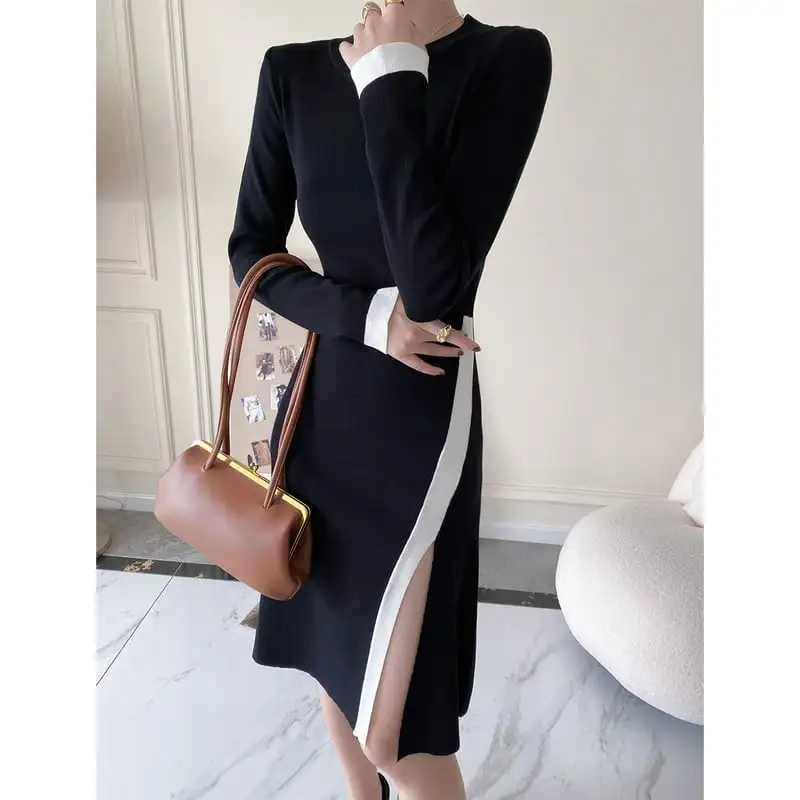 ワンピース 袖丈2タイプ ニット スリット 配色