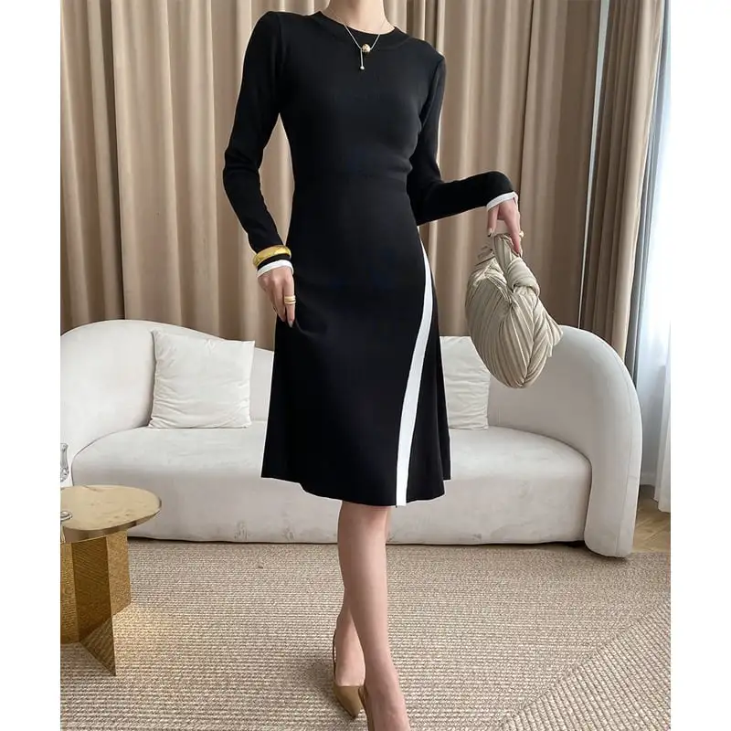 ワンピース 袖丈2タイプ ニット スリット 配色