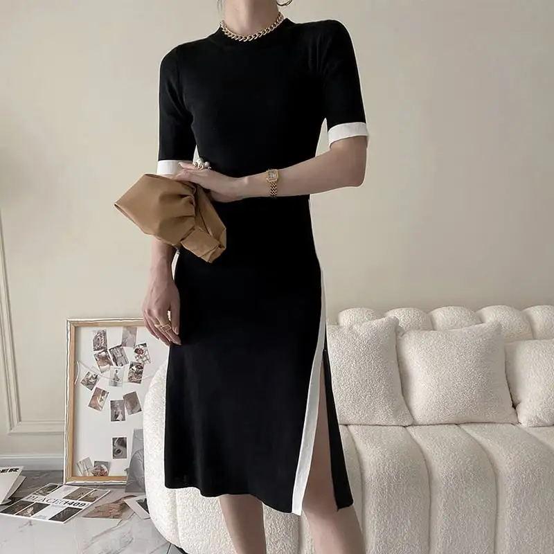 ワンピース 袖丈2タイプ ニット スリット 配色