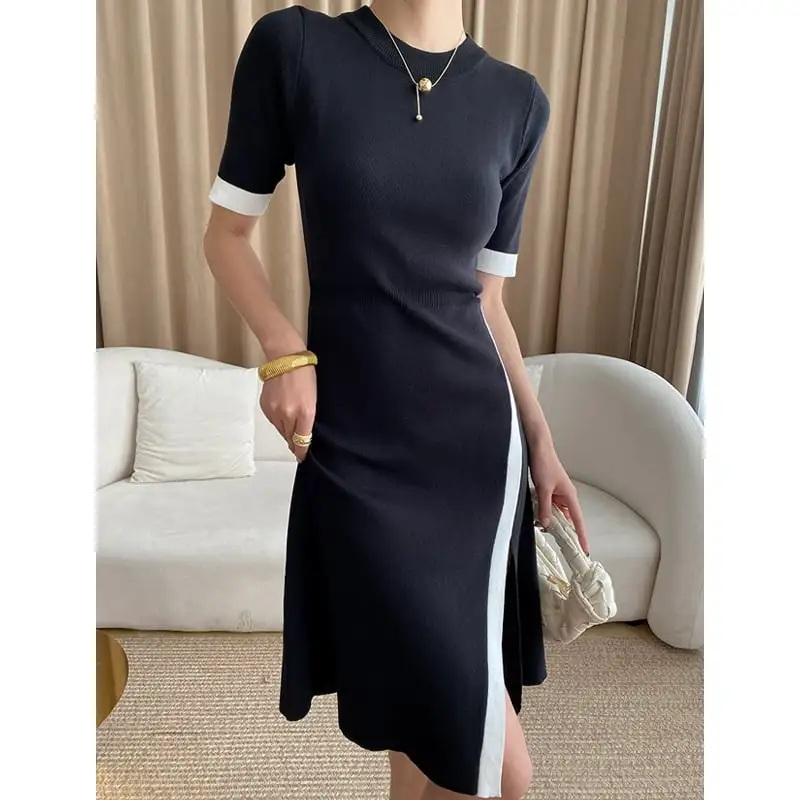 ワンピース 袖丈2タイプ ニット スリット 配色