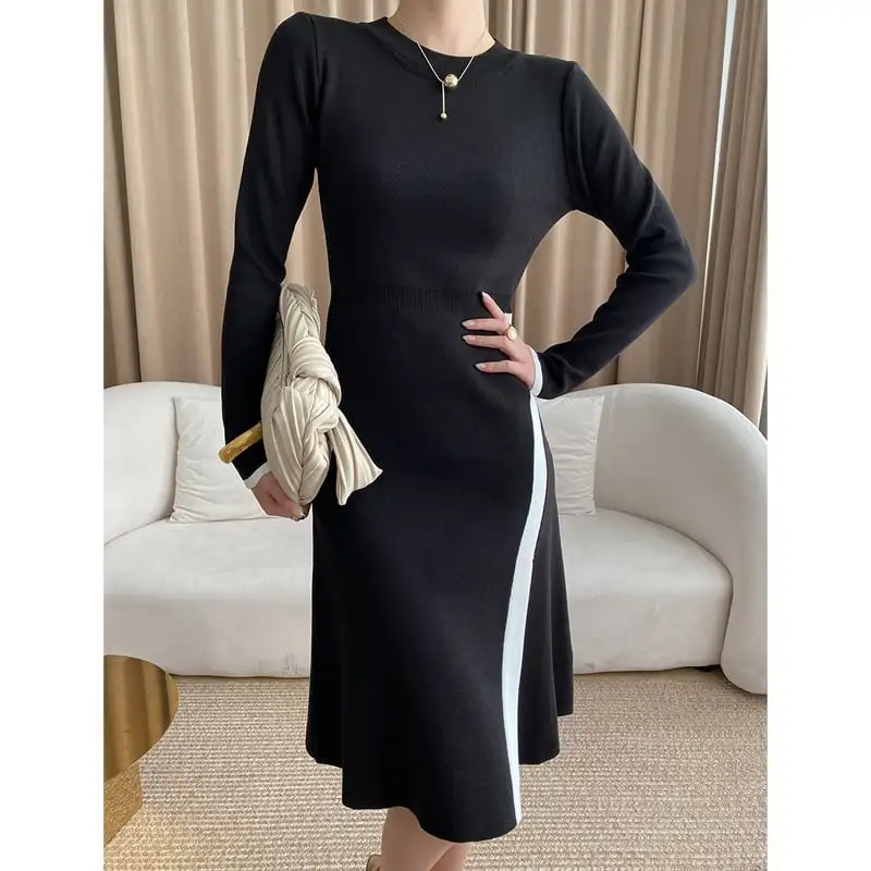 ワンピース 袖丈2タイプ ニット スリット 配色
