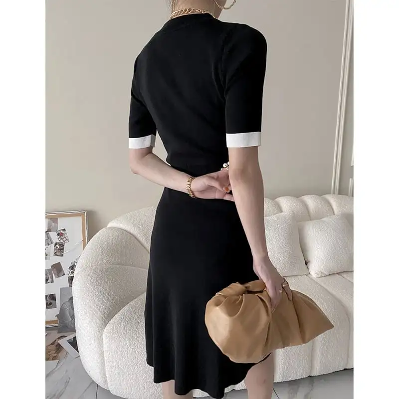 ワンピース 袖丈2タイプ ニット スリット 配色