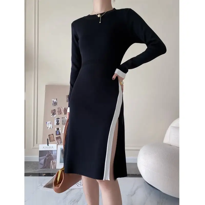 ワンピース 袖丈2タイプ ニット スリット 配色