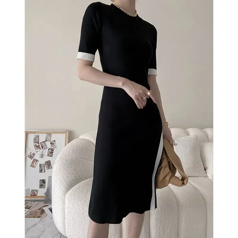 ワンピース 袖丈2タイプ ニット スリット 配色