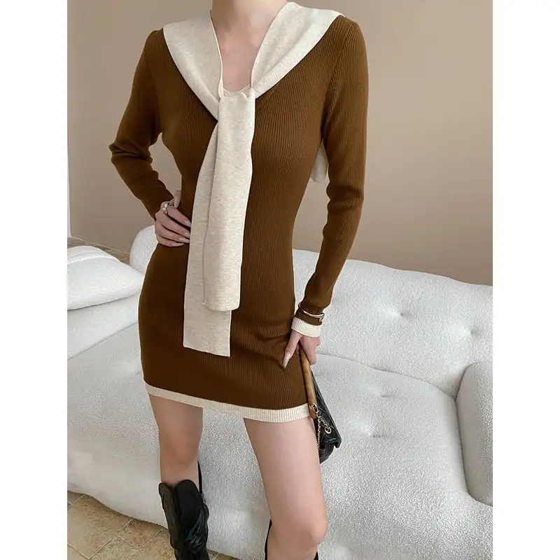 ワンピース 3色展開 ニット 配色 膝上 ダークグレー コーヒー色 ブラック