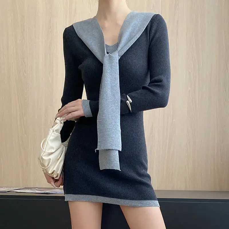 ワンピース 3色展開 ニット 配色 膝上 ダークグレー コーヒー色 ブラック