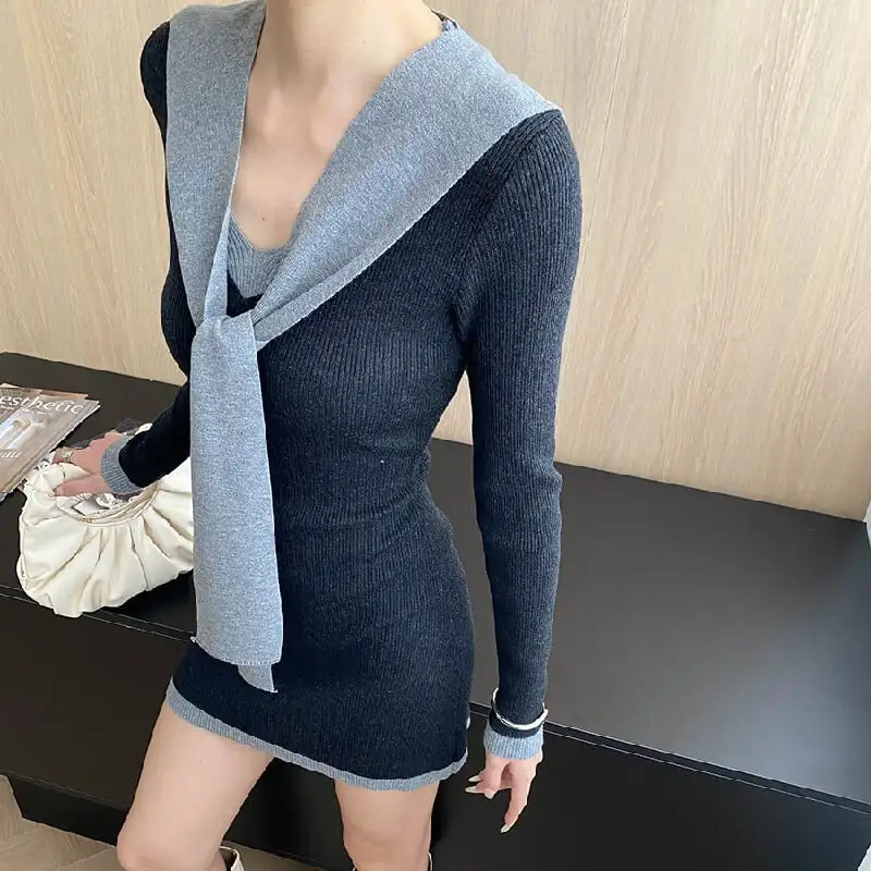 ワンピース 3色展開 ニット 配色 膝上 ダークグレー コーヒー色 ブラック