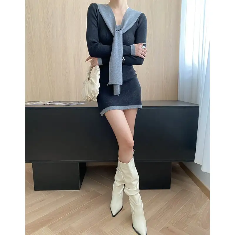 ワンピース 3色展開 ニット 配色 膝上 ダークグレー コーヒー色 ブラック